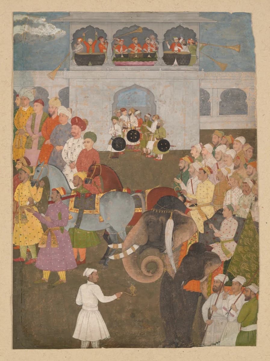 Attendants at an Imperial Durbar, c. 1645 — cusped multifoil marble arcades over massed ranks of courtiers and elephants rising up the sheet