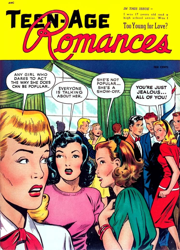 Matt Baker, Teen-Age Romances No. 1 cover, 1949 — three close-up female faces under stacked dialogue balloons, the blonde foreground head cut by the frame edge, against a mullioned window with blue panes, folded green curtains and a small party crowd beyond
