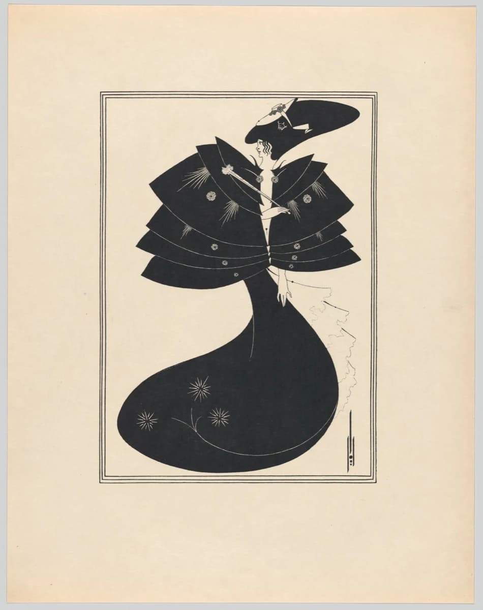 Aubrey Beardsley, The Black Cape, 1893 — line-block print from Salome, a figure swallowed by a tiered black cape