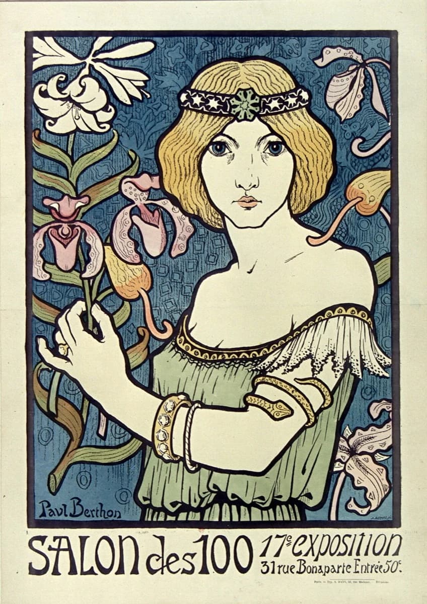 Paul Berthon, Salon des Cent, 1896 — Art Nouveau exhibition poster, frontal fair-haired figure against a dense blue pattern ground with lilies, lettering in flat black capitals