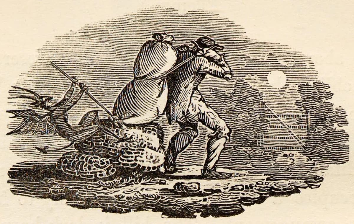 Thomas Bewick, tail-piece of a fiend pinning down a thief — a small wood-engraved vignette cut as white line out of a black ground
