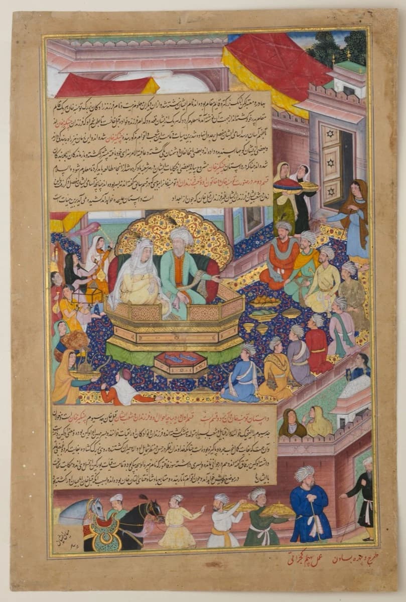 Imperial Mughal atelier, Tumanba Khan, His Wife, and His Nine Sons, c. 1596 — a lapis carpet shown flat from above, an octagonal gold dais in parallel oblique, and a footstool tipped up to show the slippers on it