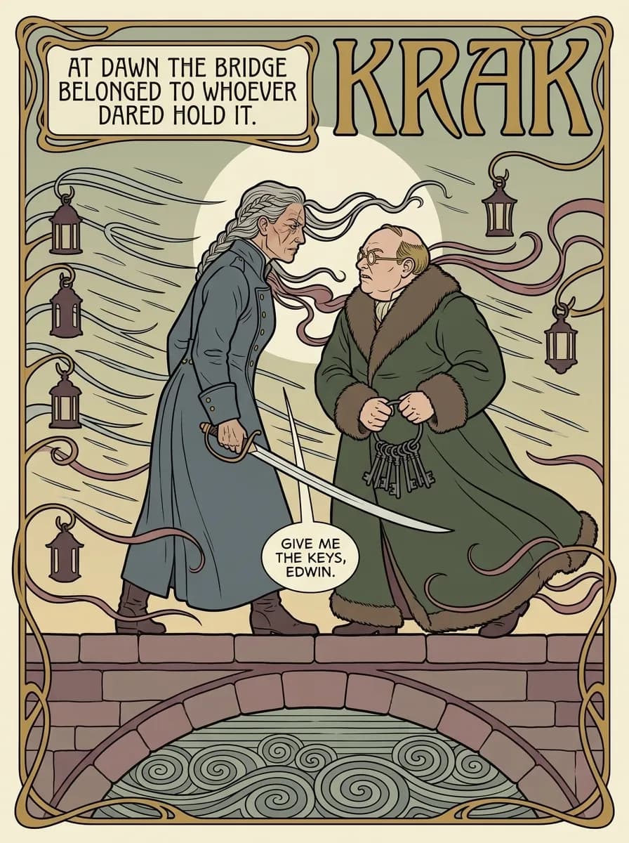 Art Nouveau comic page — Bridge confrontation (splash)