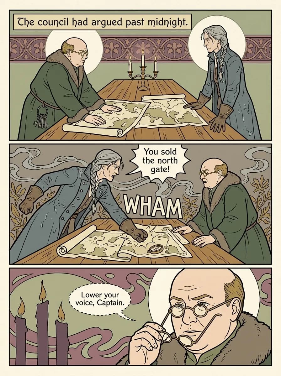 Art Nouveau comic page — Council argument (3-panel tier)