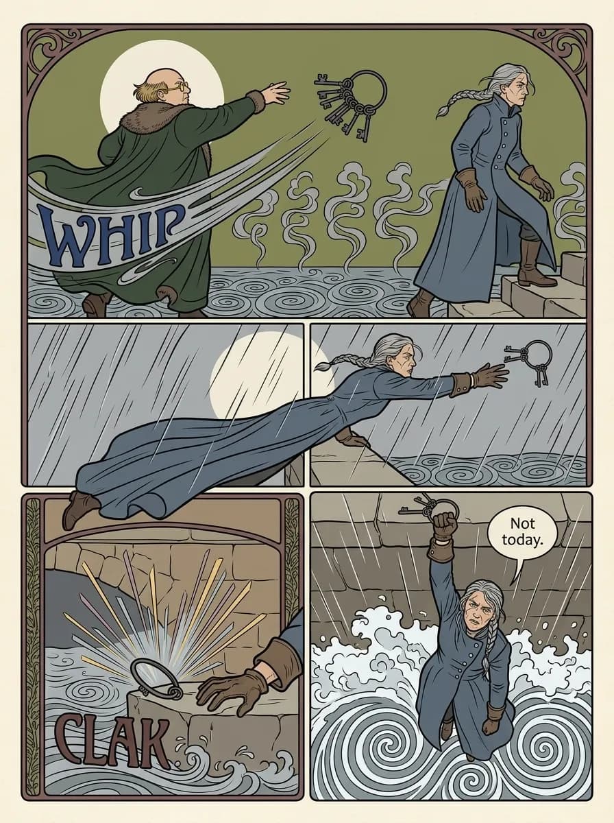Art Nouveau comic page — The thrown keys (4-panel action)