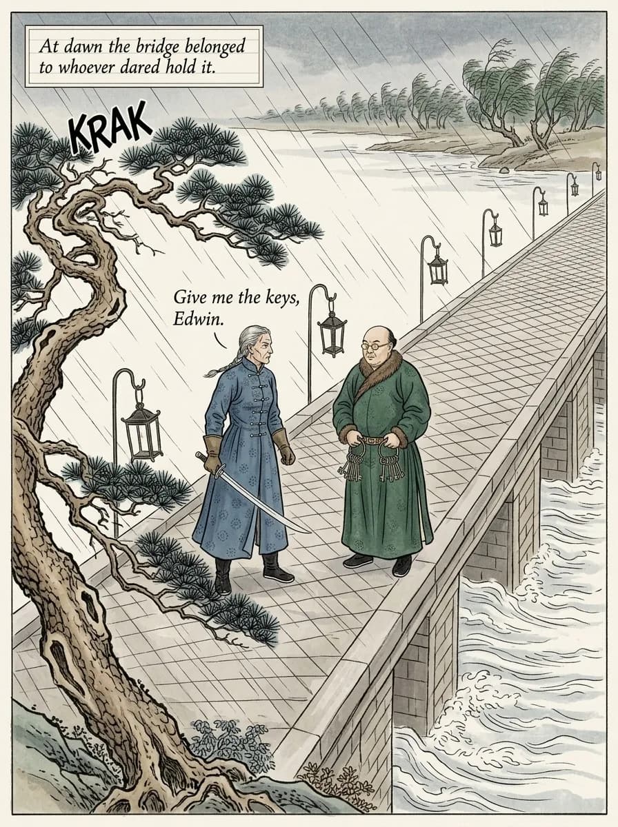 Chinese Woodblock comic page — Bridge confrontation (splash)