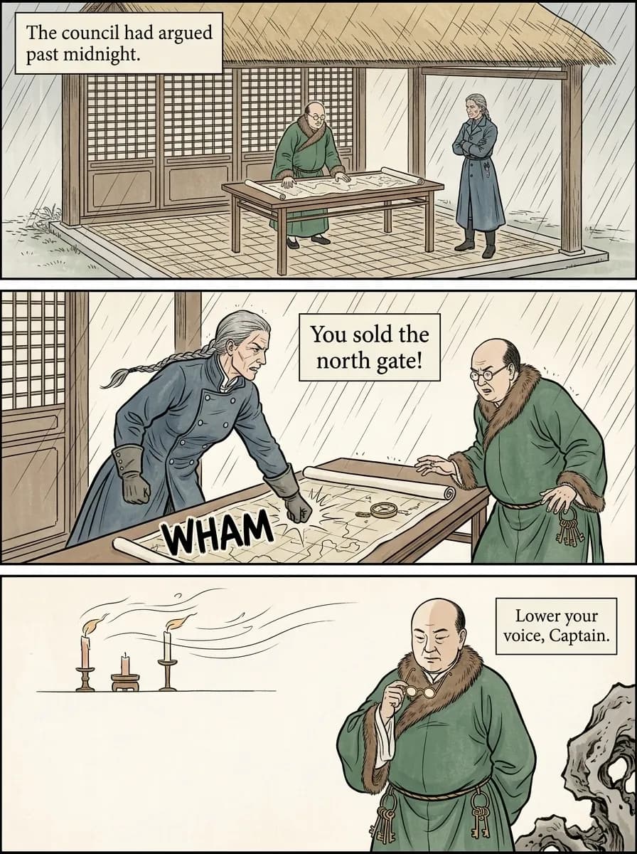 Chinese Woodblock comic page — Council argument (3-panel tier)