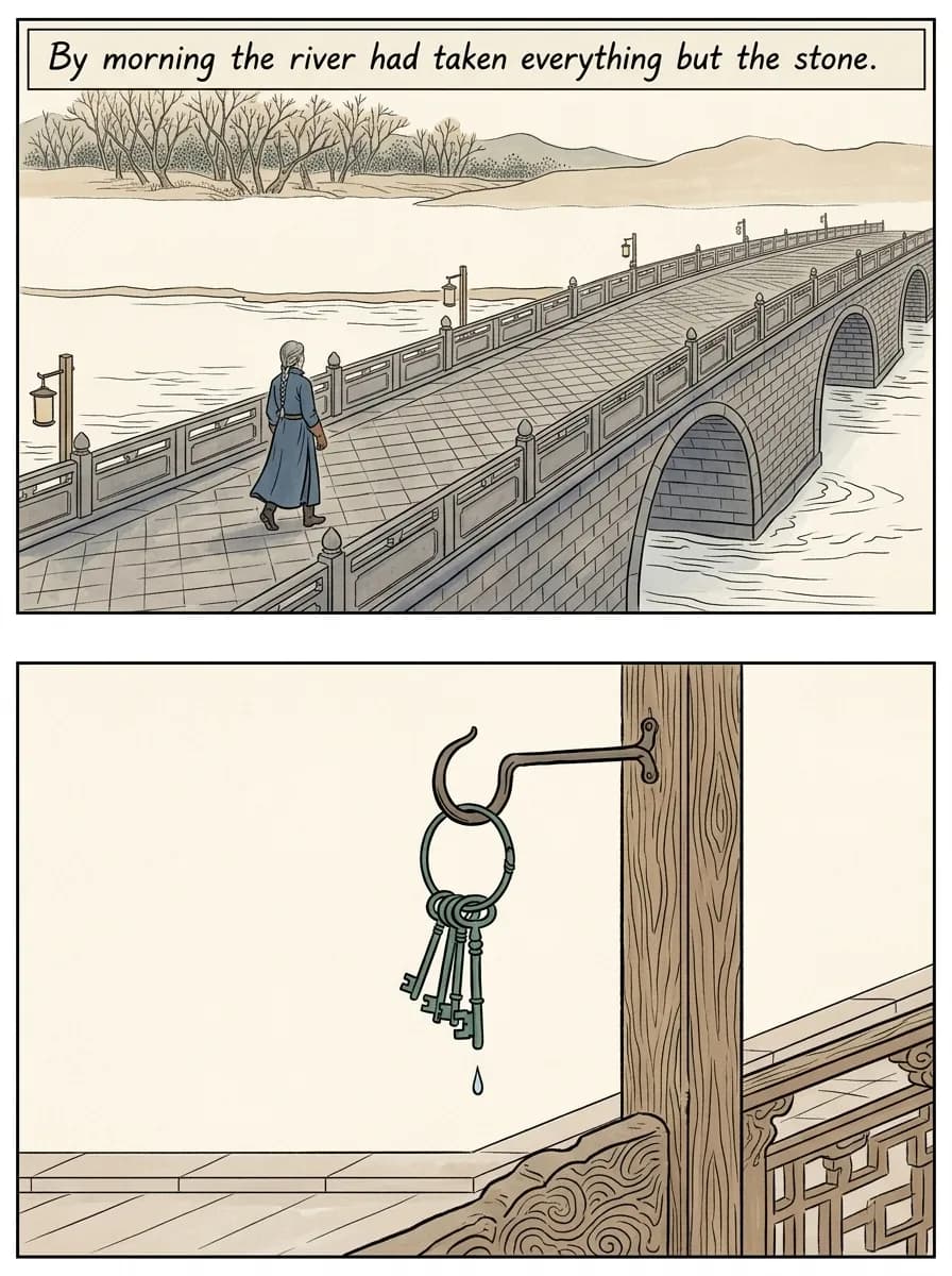 Chinese Woodblock comic page — After the storm (2-panel quiet)