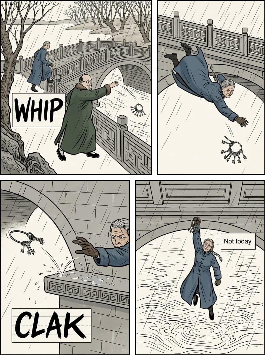 Chinese Woodblock comic page — The thrown keys (4-panel action)