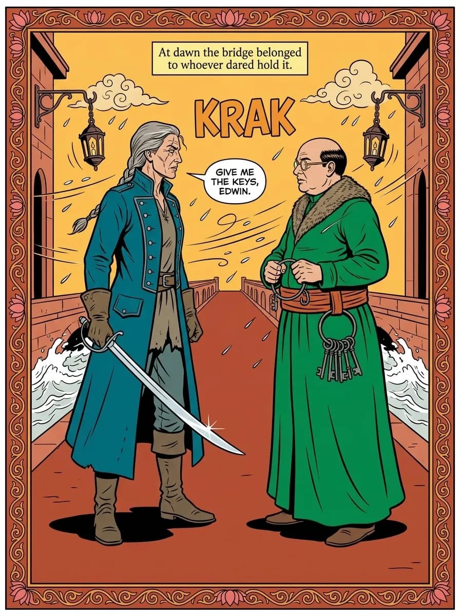 Chitrakatha comic page — Bridge confrontation (splash)