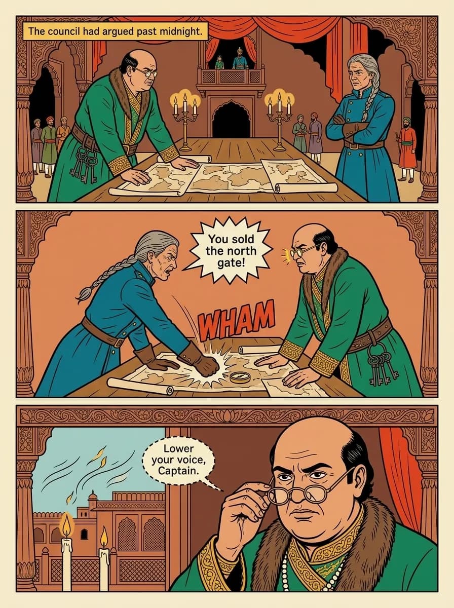 Chitrakatha comic page — Council argument (3-panel tier)