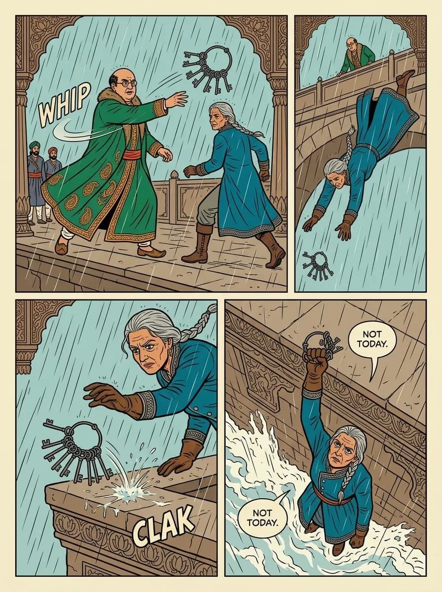Chitrakatha comic page — The thrown keys (4-panel action)