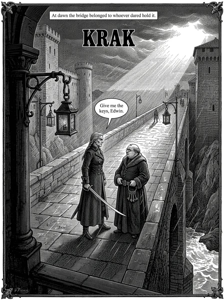 Gothic comic page — Bridge confrontation (splash)