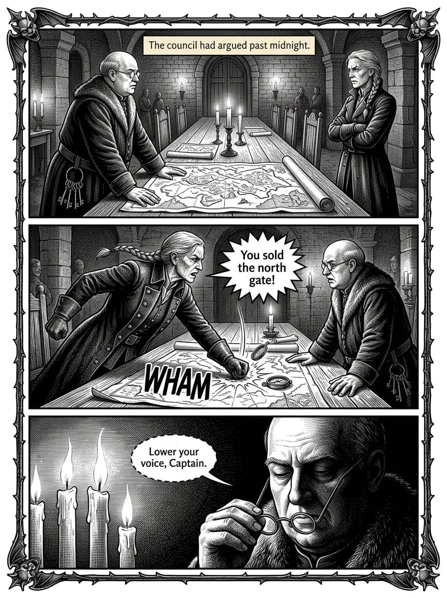 Gothic comic page — Council argument (3-panel tier)