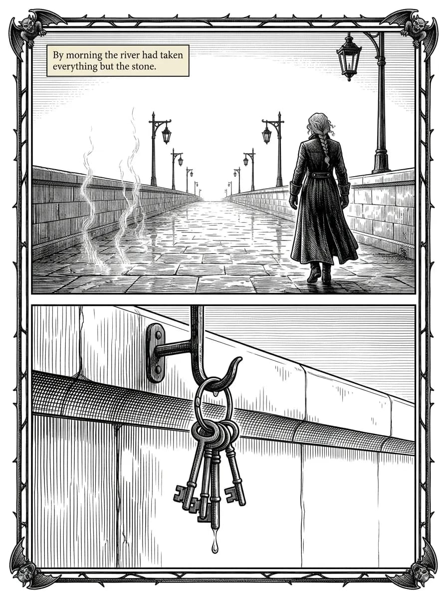 Gothic comic page — After the storm (2-panel quiet)