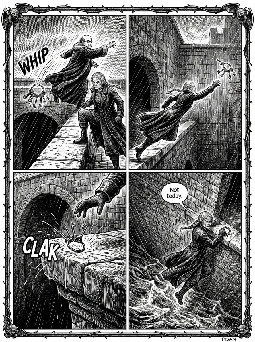 Gothic comic page — The thrown keys (4-panel action)