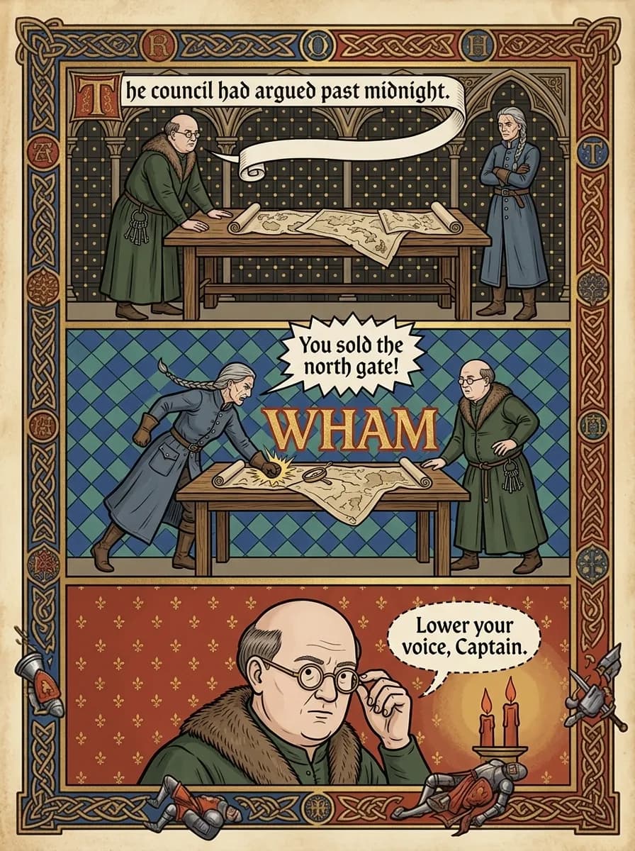 Illuminated comic page — Council argument (3-panel tier)