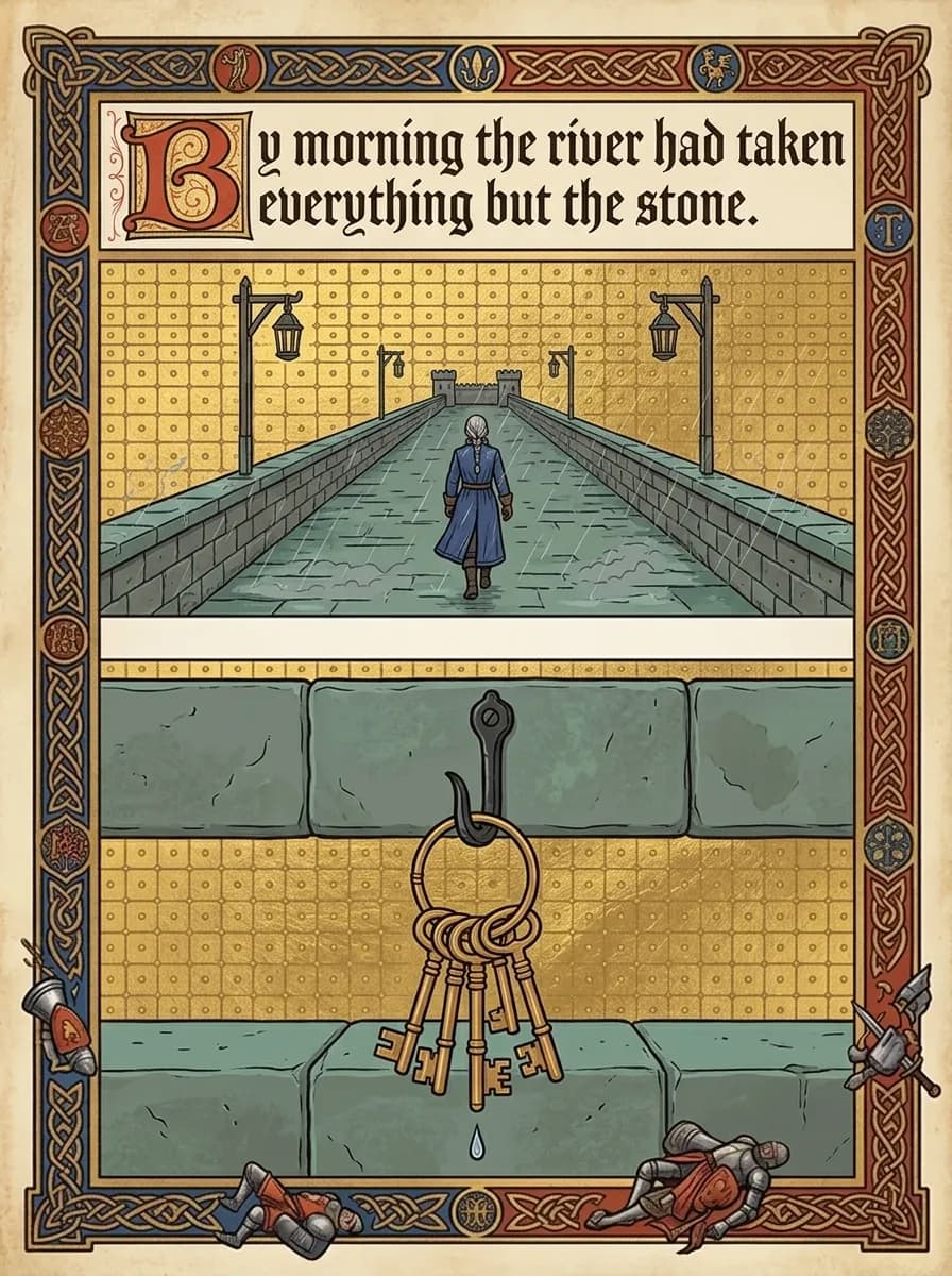 Illuminated comic page — After the storm (2-panel quiet)