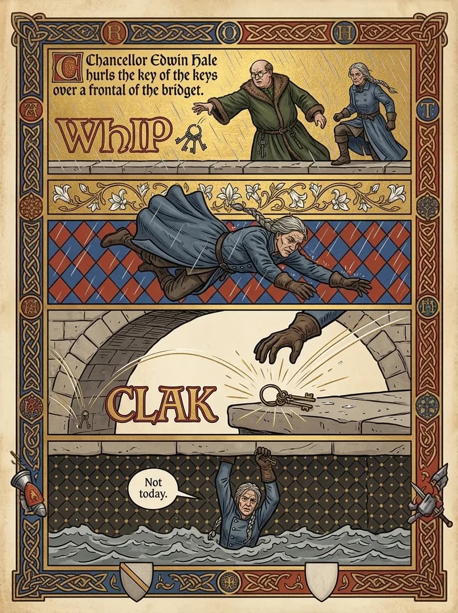 Illuminated comic page — The thrown keys (4-panel action)