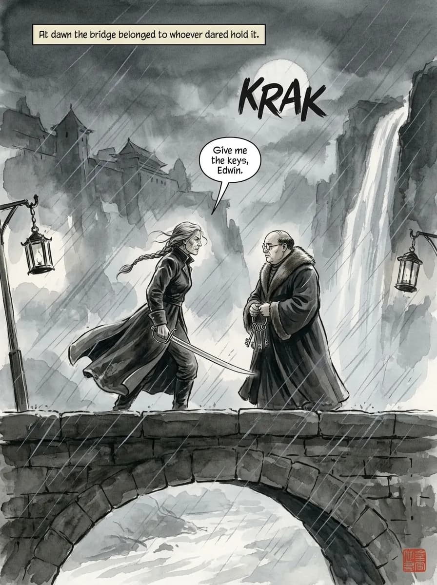 Storm Ink comic page — Bridge confrontation (splash)