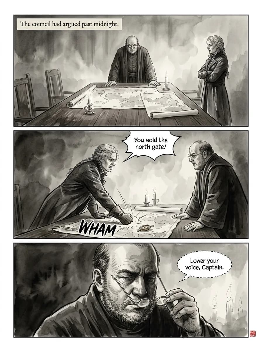Storm Ink comic page — Council argument (3-panel tier)
