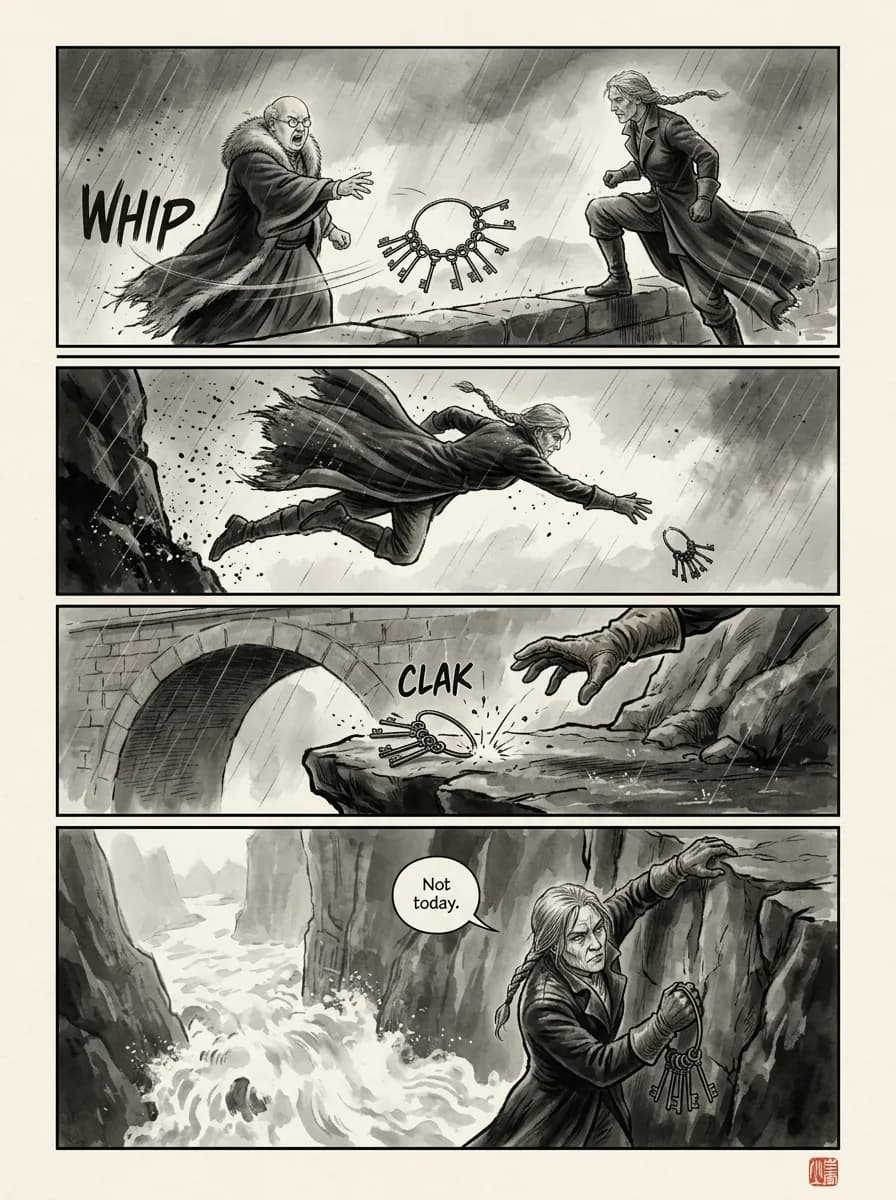Storm Ink comic page — The thrown keys (4-panel action)