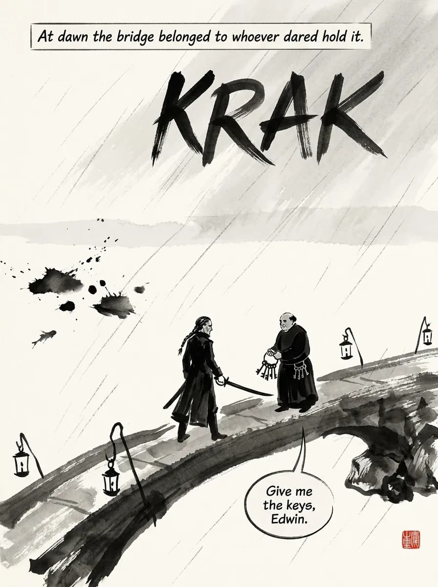 Ink Wash comic page — Bridge confrontation (splash)