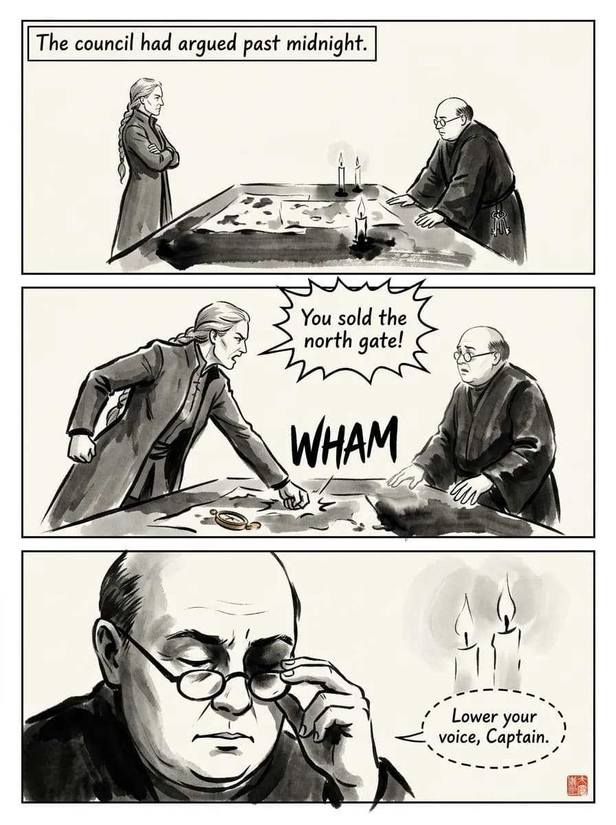 Ink Wash comic page — Council argument (3-panel tier)
