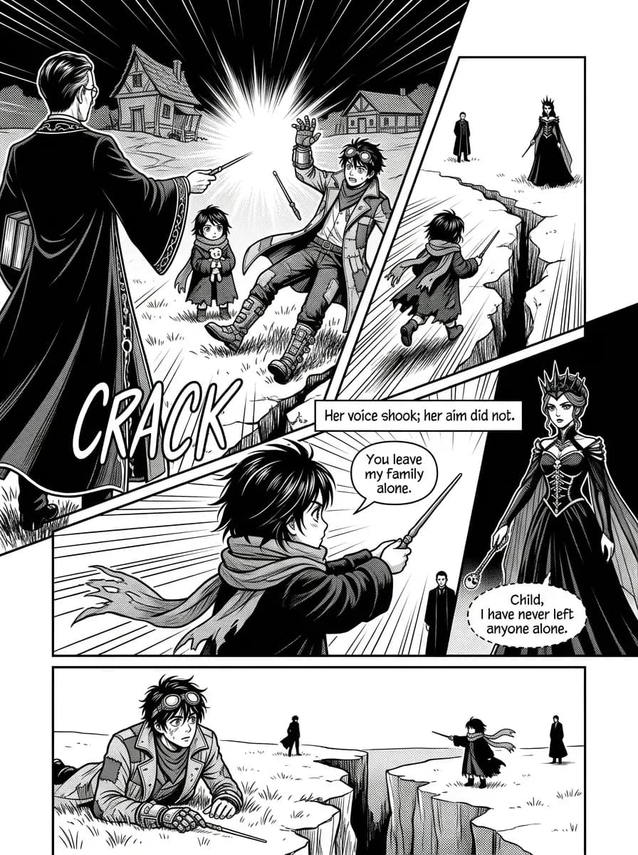 Manga comic page with diagonal panel cuts — a robed figure fires a burst of light, a hand-drawn CRACK splits the ground, a child raises a wand against a crowned sorceress, and a wide final panel shows the fissure between them
