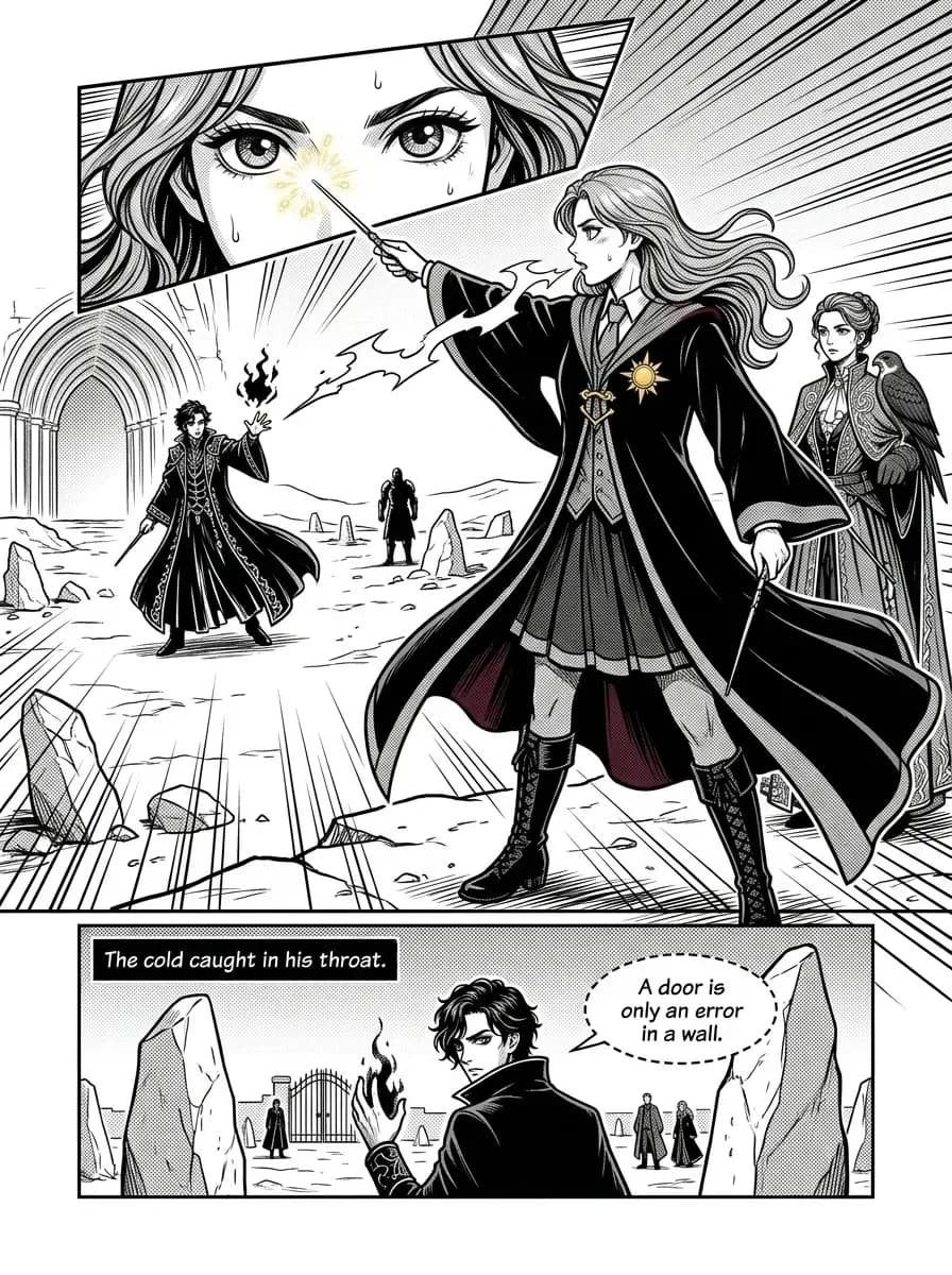 Manga comic page in black ink and dot screentone — a young witch in academy robes casts a spell beside an eye-strip close-up, her sunburst clasp printed in flat gold as the book's spot colour; below, a dark-robed rival answers with a black flame