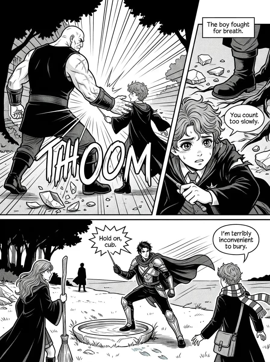 Manga comic page — a hulking figure strikes a boy wizard under focus lines and a hand-drawn THOOM, a slanted panel cut, an eye-level close-up of the boy sweating, and a wide panel of an armoured knight shouting across open ground