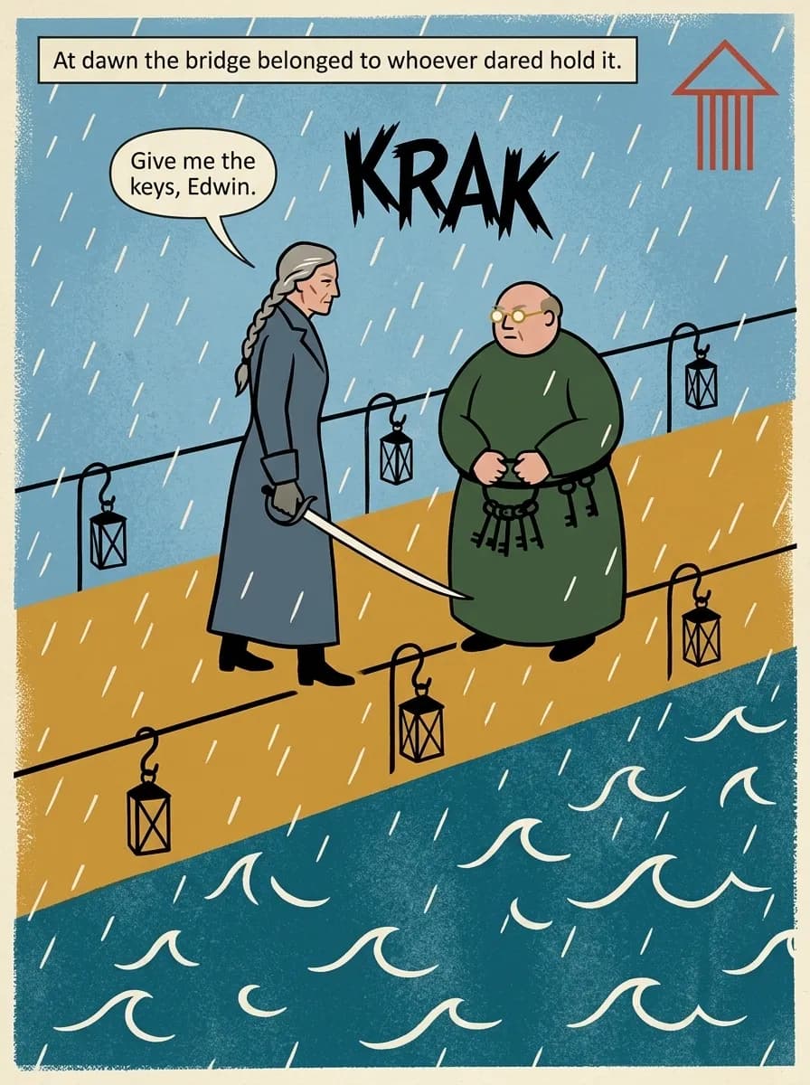 Mid-Century Storybook comic page — Bridge confrontation (splash)