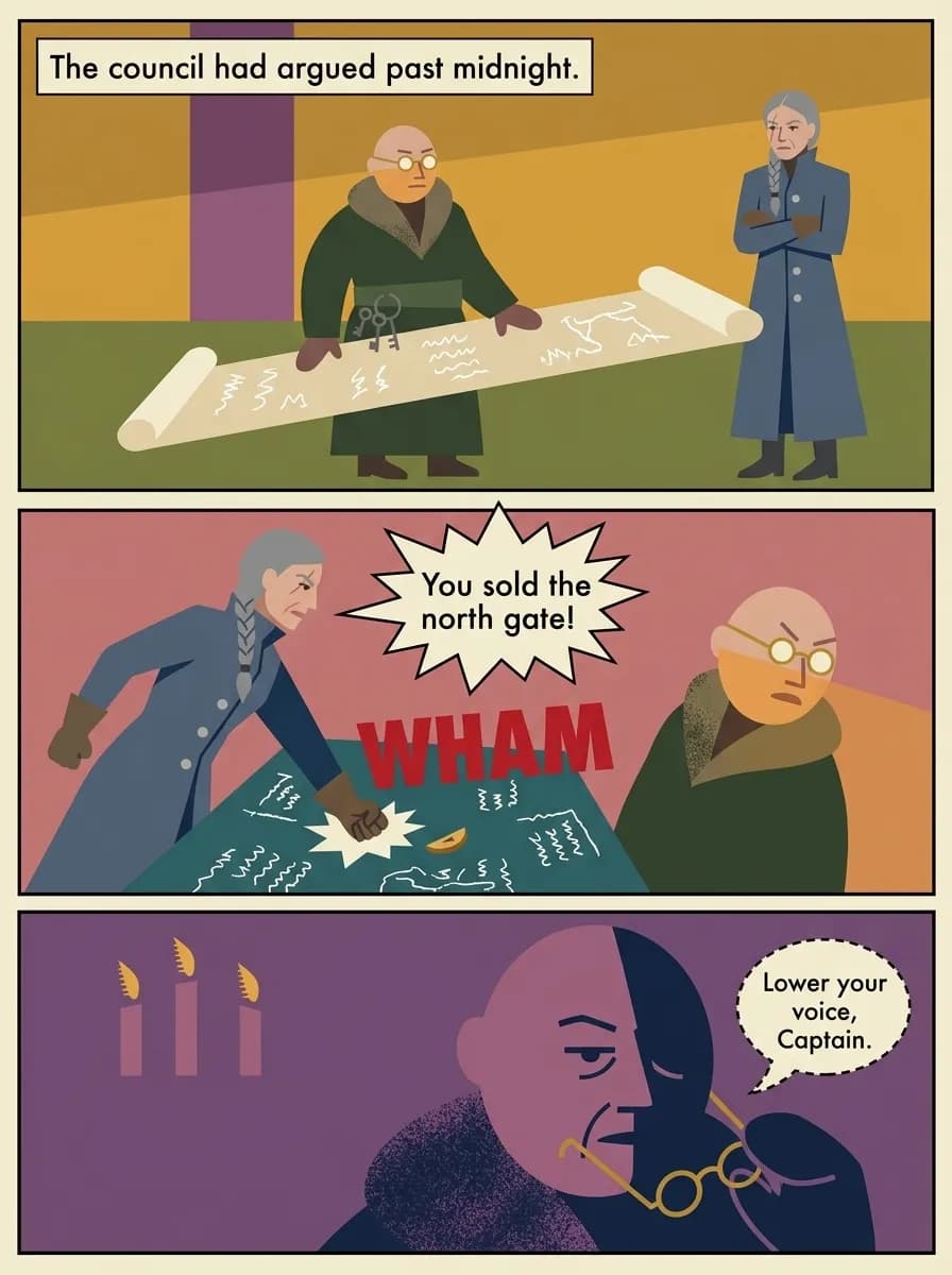 Mid-Century Storybook comic page — Council argument (3-panel tier)