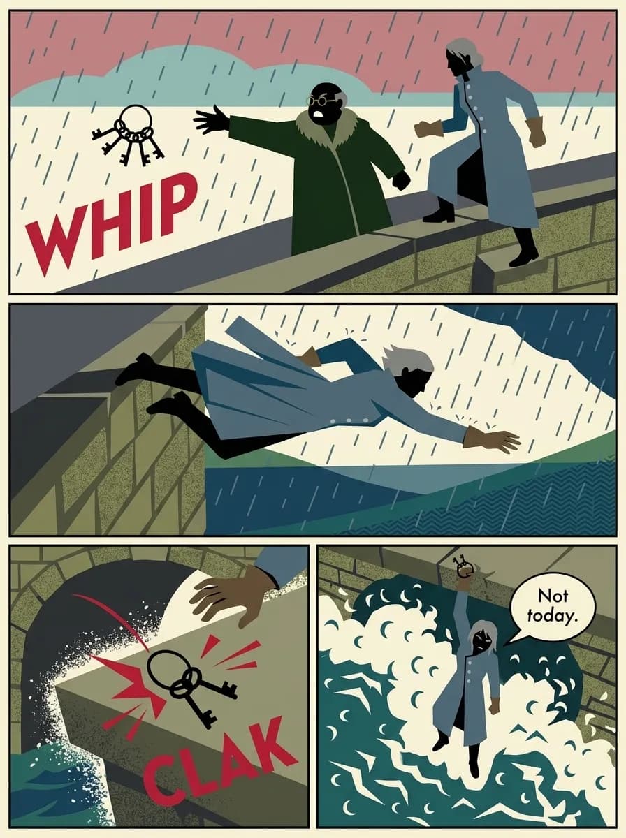 Mid-Century Storybook comic page — The thrown keys (4-panel action)