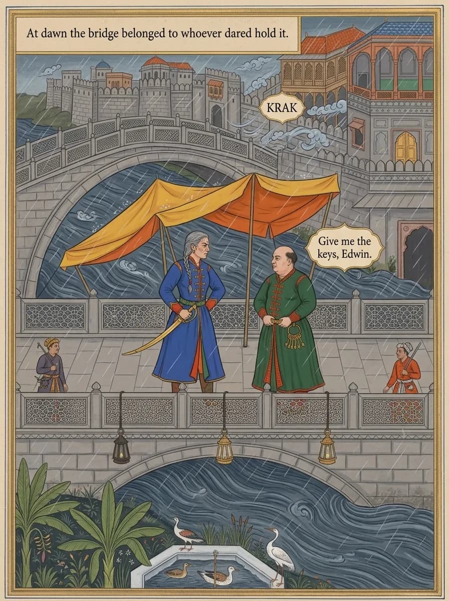 Mughal Court comic page — Bridge confrontation (splash)