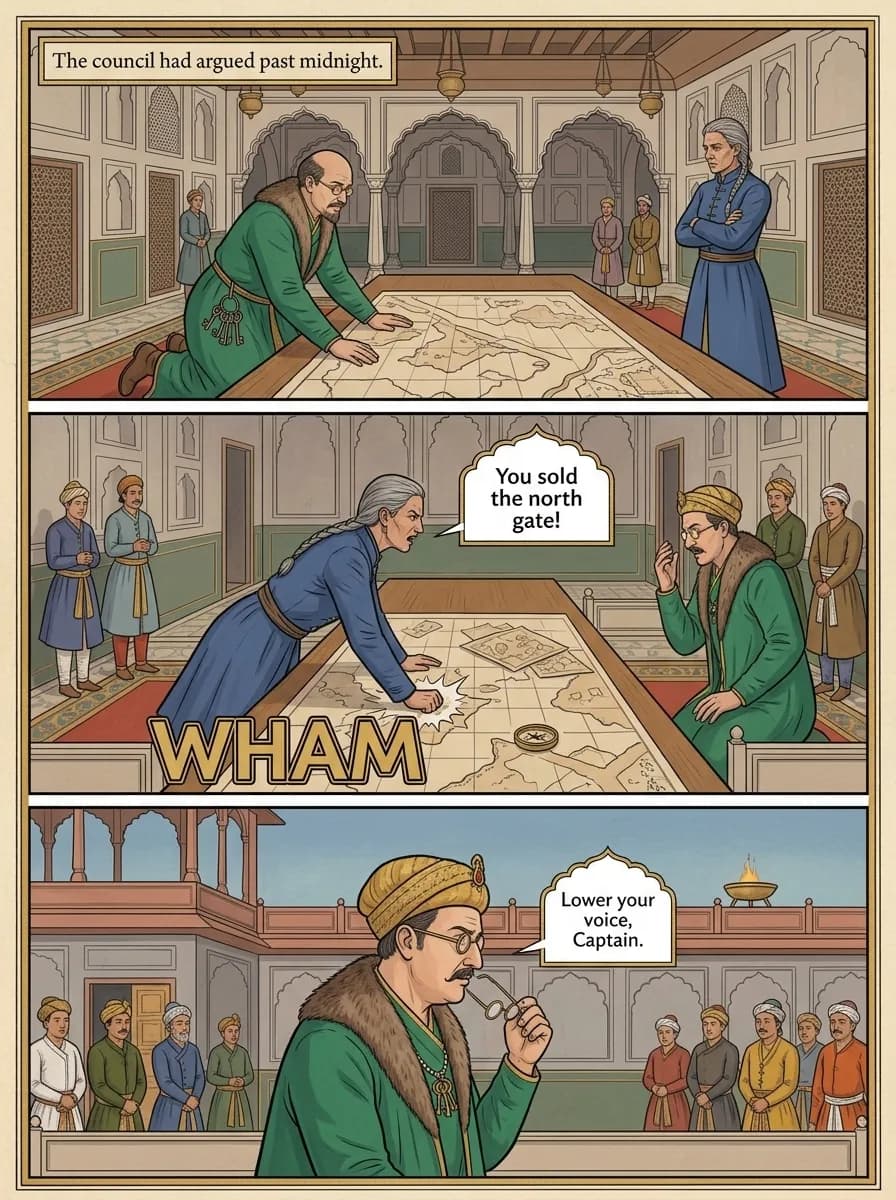 Mughal Court comic page — Council argument (3-panel tier)