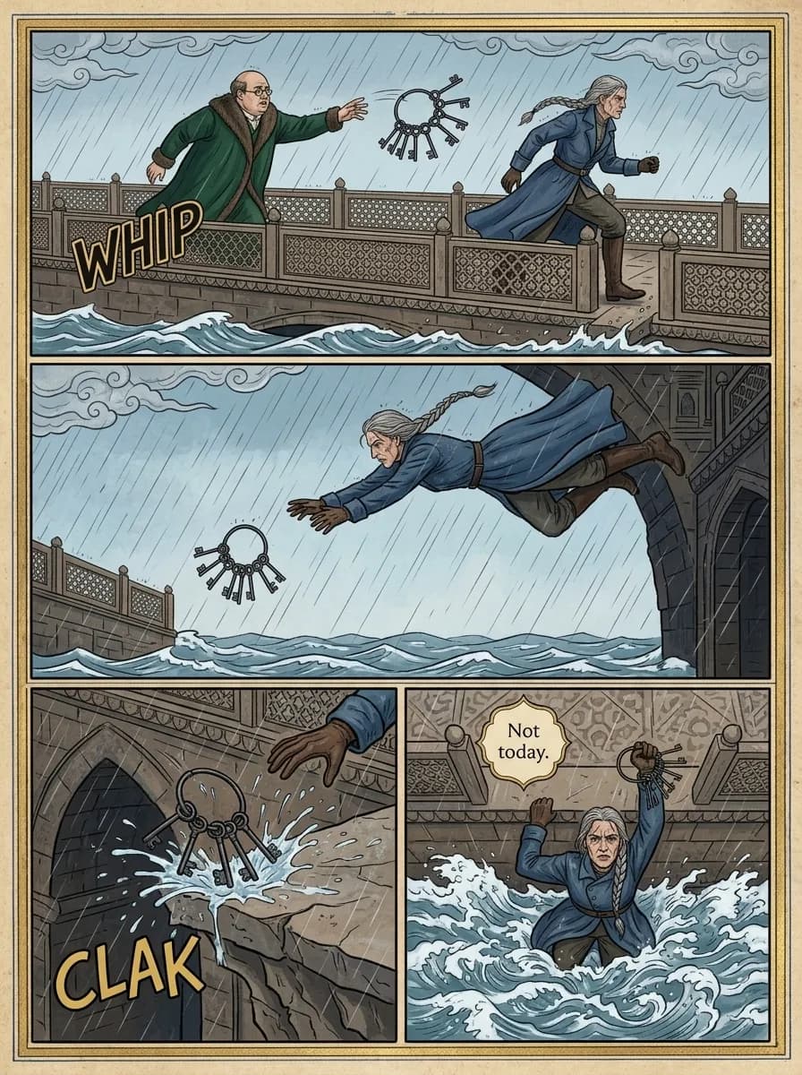 Mughal Court comic page — The thrown keys (4-panel action)