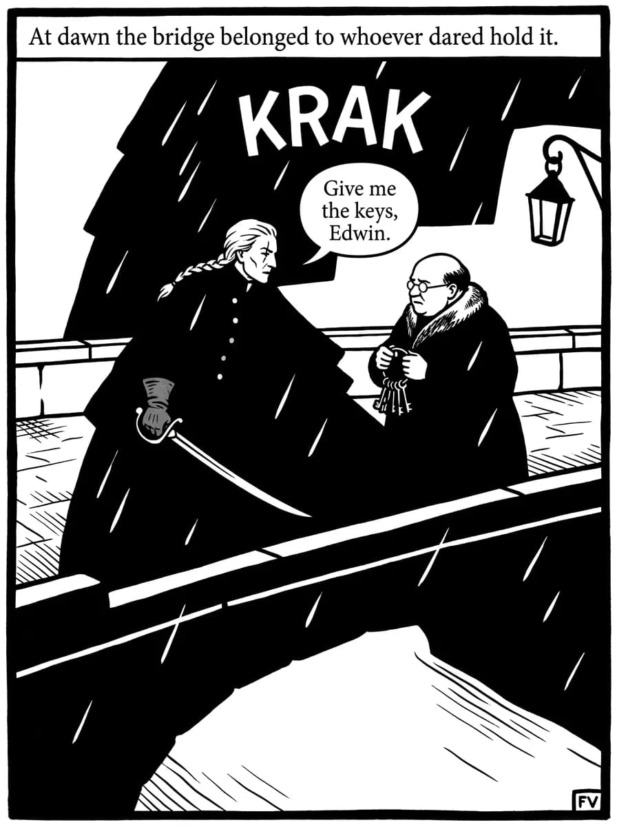 Noir comic page — Bridge confrontation (splash)