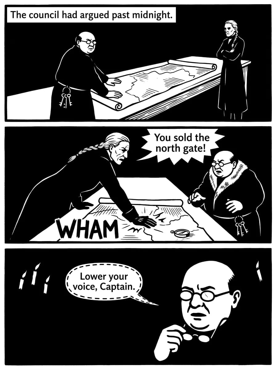 Noir comic page — Council argument (3-panel tier)