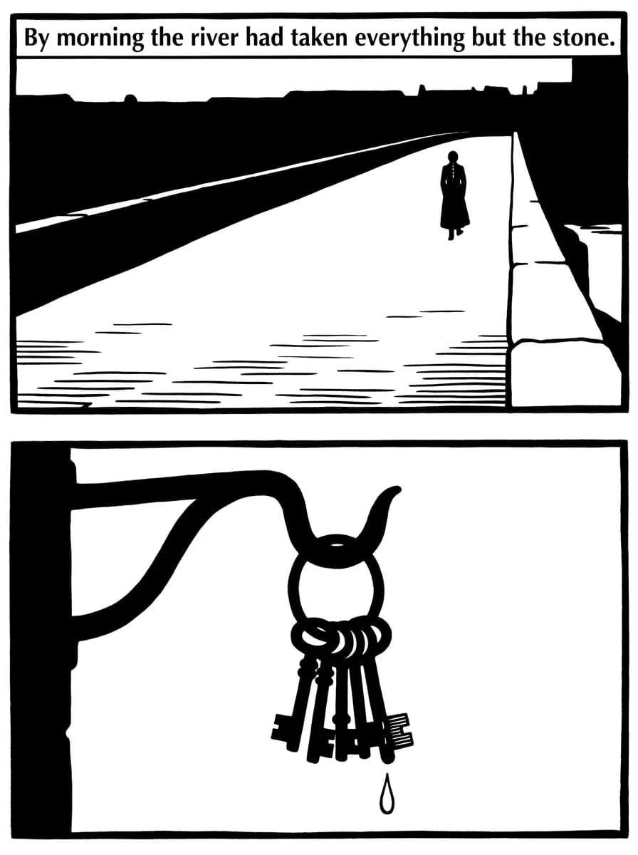 Noir comic page — After the storm (2-panel quiet)
