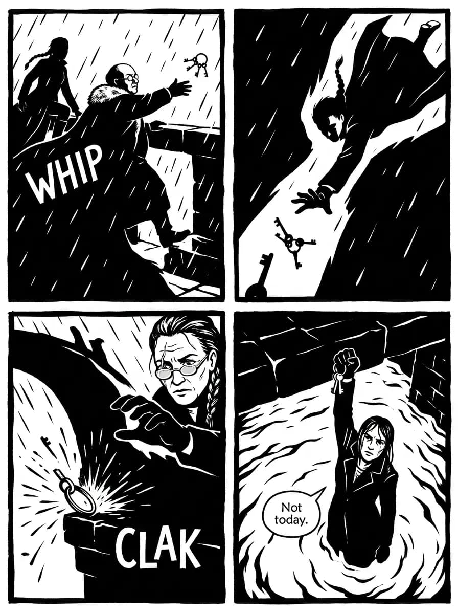 Noir comic page — The thrown keys (4-panel action)