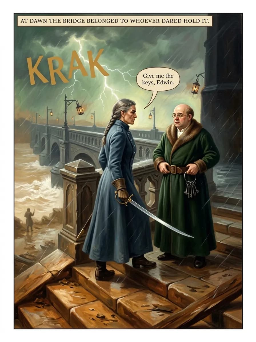 Painted Katha comic page — Bridge confrontation (splash)