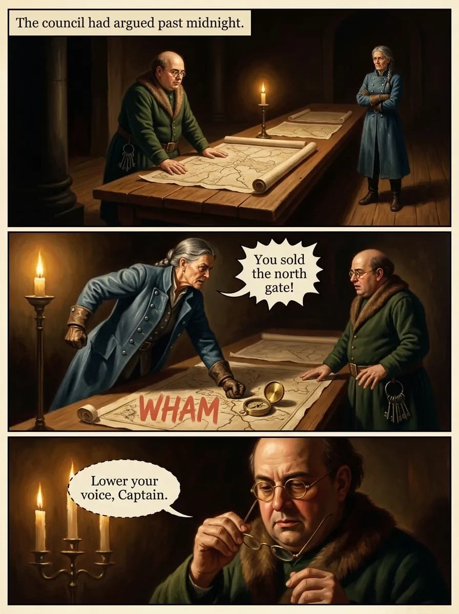 Painted Katha comic page — Council argument (3-panel tier)