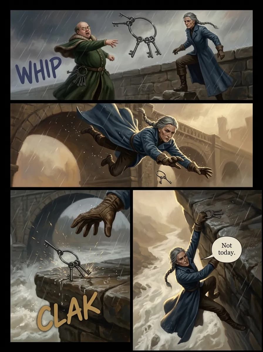 Painted Katha comic page — The thrown keys (4-panel action)