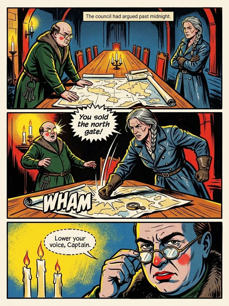 Pop Art comic page — Council argument (3-panel tier)