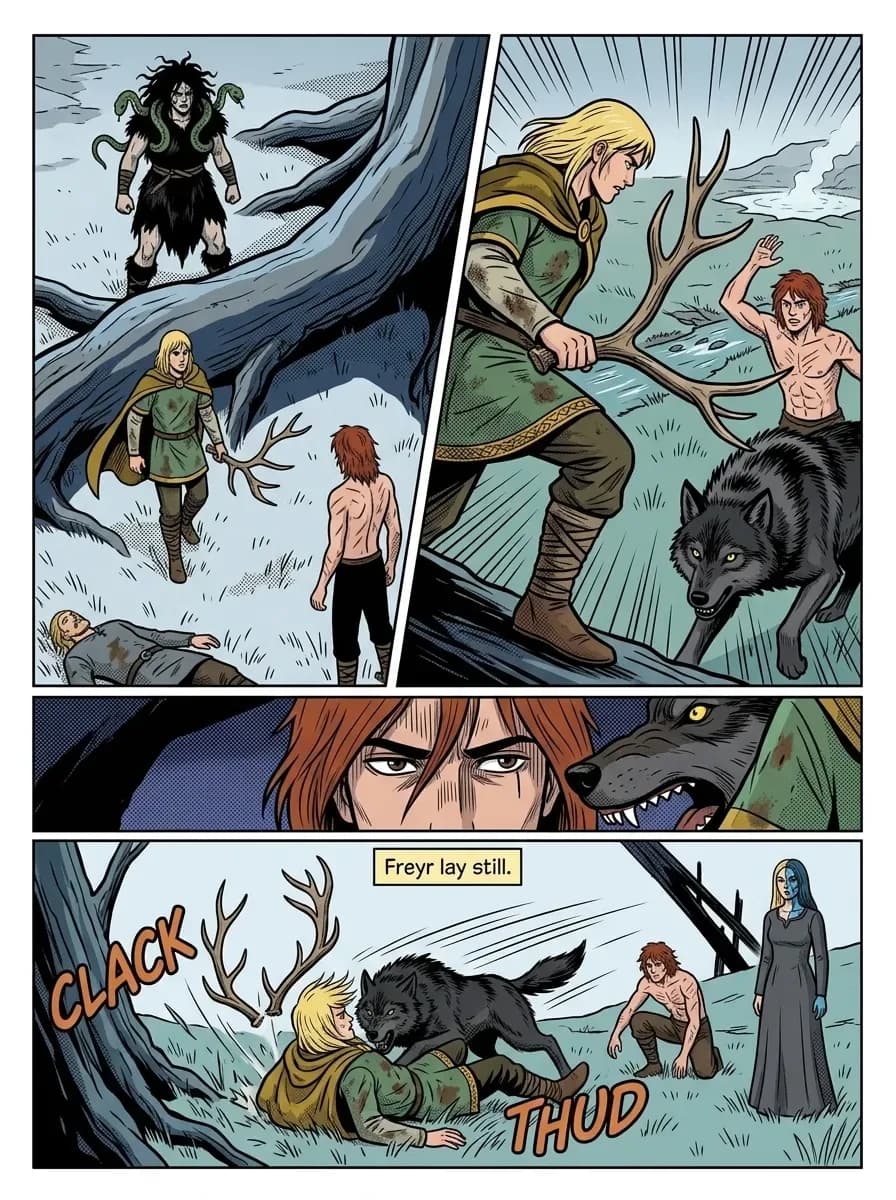 Shōnen Colour comic page — a blond warrior with an antler weapon is brought down by a black wolf, an eye-band close-up of a red-haired fighter, and coloured sound effects CLACK and THUD with black keylines