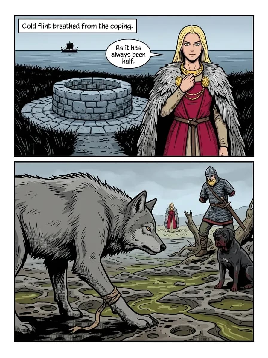 Shōnen Colour comic page — a quiet two-panel page: a goddess in a red dress beside a stone well by the sea, then a grey wolf, a Viking warrior and a black hound on mossy ground