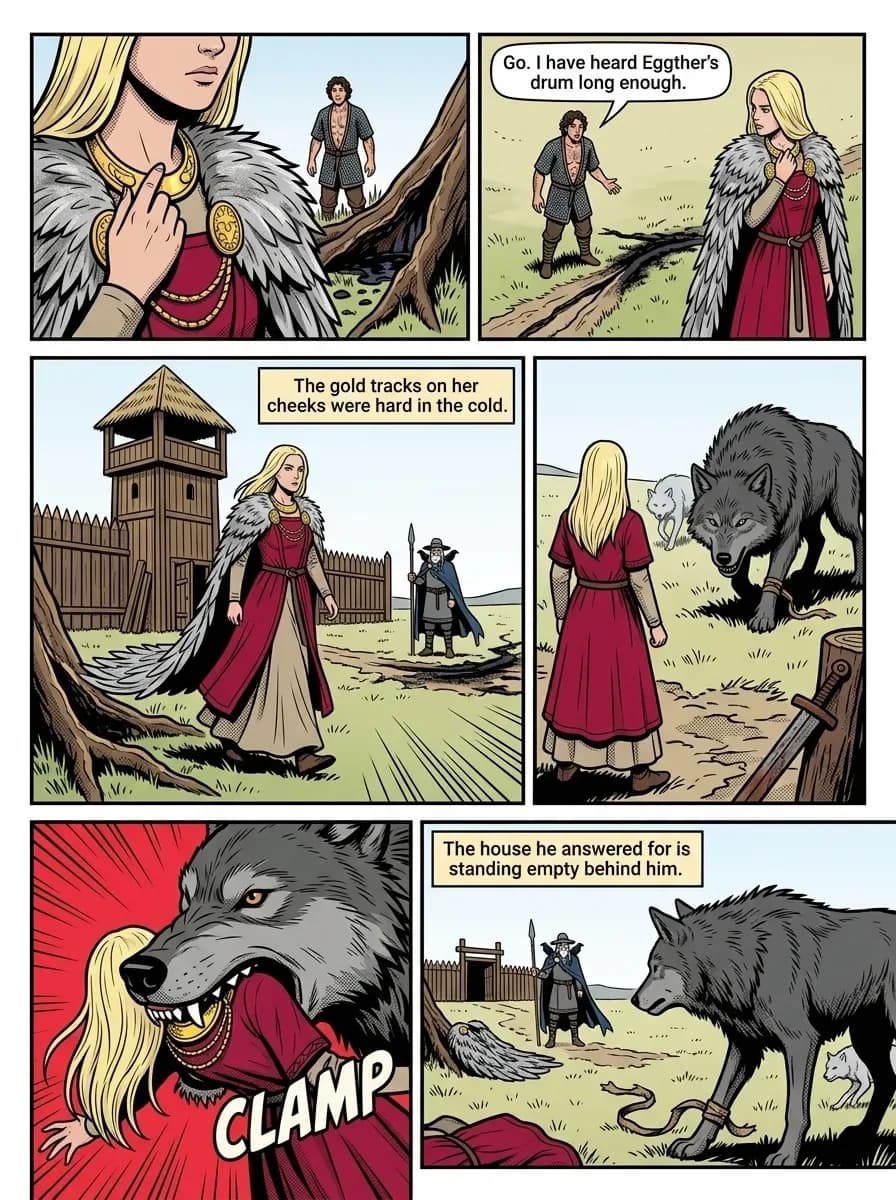 Shōnen Colour comic page — a blonde goddess in a red dress and feather cloak walks past a watchtower, then a grey wolf clamps onto her in an impact panel flooded with flat red under a hand-drawn CLAMP