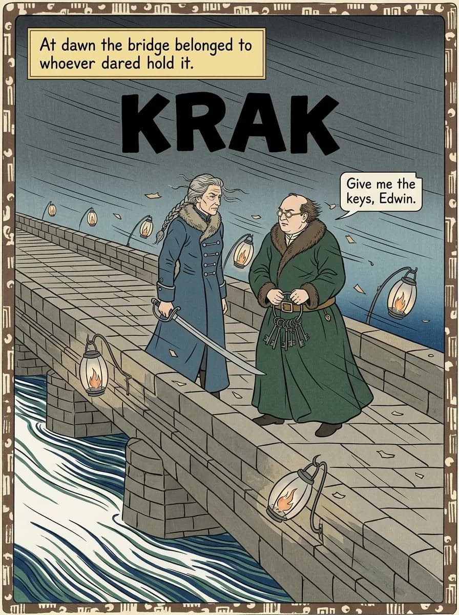 Japanese Woodblock comic page — Bridge confrontation (splash)