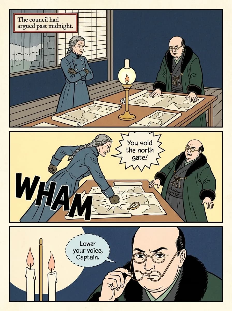 Japanese Woodblock comic page — Council argument (3-panel tier)